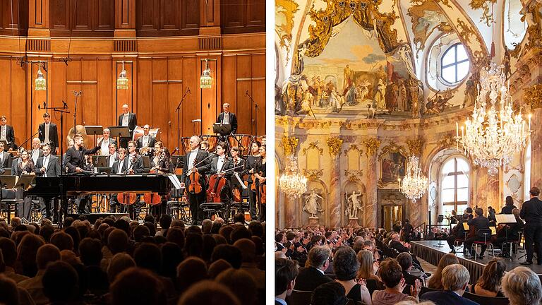 Der Max-Littmann-Saal in Bad Kissingen (links) und der Kaisersaal der Residenz Würzburg: Spielstätten von Kissinger Sommer beziehungsweise Mozartfest.