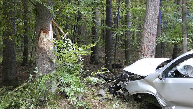 Gegen diesen Baum (links) prallte das Auto in etwa eineinhalb Metern Höhe.