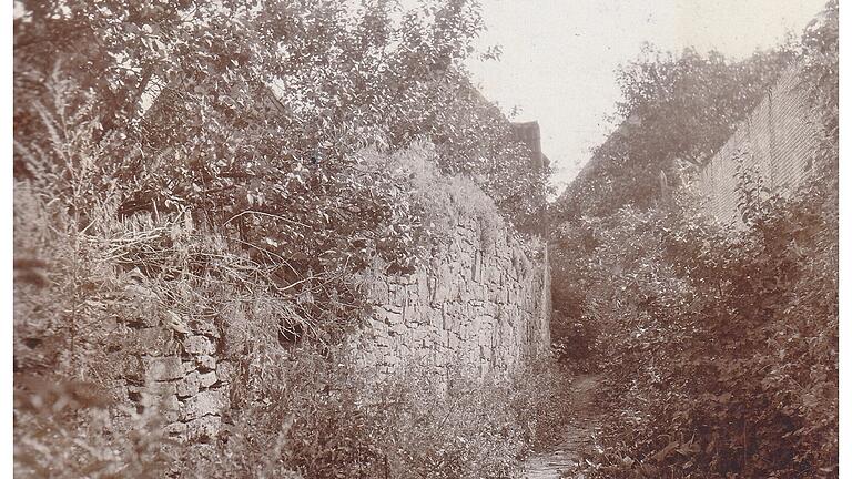 Steinfeld war früher von einer bis zu drei Meter hohen Dorfmauer und vier „Thoren“ sowie im Westen durch den Hofgraben umgeben. Das Foto zeigt ein Stück der Dorfmauer (um 1930)  unterhalb der Würzburger Straße. Heute stehen davon nur noch Reste.