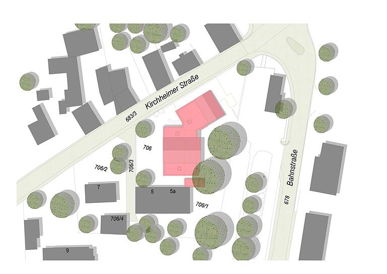 Der Kindergarten entsteht an der Stelle der Gaststätte "Eisenbahn", im Norden die Kirchheimer Straße, rechts befindet sich der Bahnhof. GRAFIK: Büro Haas&Haas, Eibelstadt Der Kindergarten entsteht an der Stelle der Gaststätte "Eisenbahn", im Norden die Kirchheimer Straße, rechts befindet sich der Bahnhof. GRAFIK: Büro Haas&Haas, Eibelstadt