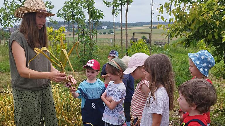 Julia Mattis erklärt den Kindern Aussehen und Verwendung von Knoblauch.