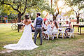 Bride and groom holding hands at wedding reception outside in the backyard.       -  Die standesamtliche Hochzeit hat in den letzten Jahren wieder an Bedeutung gewonnen.