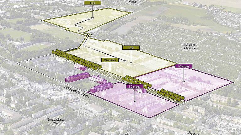 Die Landesgartenschau 2026 in Schweinfurt soll auf zwei verschiedenen Geländen (auf der Grafik in grün) stattfinden: der größere Teil in den ehemaligen Ledward-Barracks südlich der Kleingartenanlage Alte Warte sowie auf dem Kessler Field/Yorktown Village.