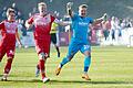 Lukas Wenzel (rechts) sicherte dem TSV Aubstadt mit seinen drei gehaltenen Elfmetern den Sieg im Pokal-Halbfinale gegen den TSV 1860 München. Gefeiert wird er direkt nach dem Elfmeterschießen von Philipp Harlaß (links) und Steffen Behr (Mitte).