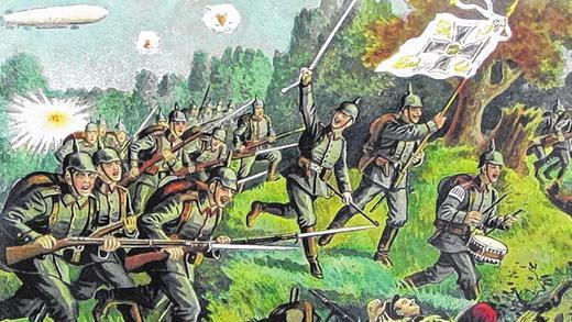 Mit Hurra: Üblicher lebensgefährlicher Kriegsalltag mit einem Bajonettangriff aus dem Jahr 1915. Mit Hurra: Üblicher lebensgefährlicher Kriegsalltag mit einem Bajonettangriff aus dem Jahr 1915.