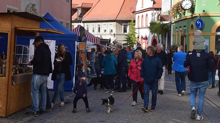 Fröhliche Menschen schlenderten beim Volkacher Genuss- und Destillat-Festival mit einem Glas Wein oder einem Crêpe in der Hand durch die Straßen.&nbsp;