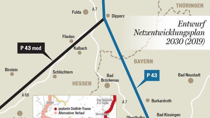 Der Bau einer 380-kV-Leitung könnte Bad Brückenau und die Schwarzen Berge betreffen. Grafik: Klaus Heim       -  Der Bau einer 380-kV-Leitung könnte Bad Brückenau und die Schwarzen Berge betreffen. Grafik: Klaus Heim