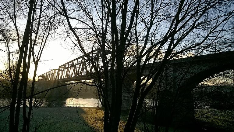 Die Eisenbahnbrücke von Schweinfurt Richtung Gerolzhofen, parallel zur Hahnenhügelbrücke über den Main. Hier würde eine reaktivierte Steigerwaldbahn Richtung Hauptbahnhof fahren.