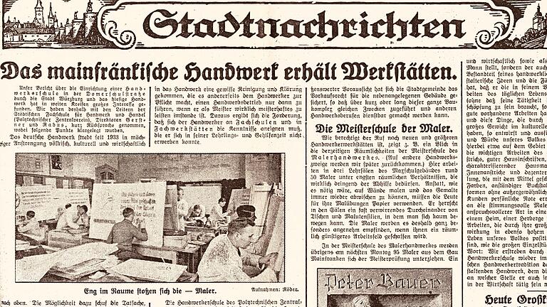 Nach der Zerstörung der Inneneinrichtung der Synagoge in der Nacht zum 10. November 1938 musste die jüdische Gemeinde das Gotteshaus an die Stadt Würzburg verkaufen. Diese zog eine Zwischendecke ein und richtete eine Handwerkerschule ein. Darüber berichtete der Würzburger General-Anzeiger am 25. März 1939 mit einem großen Artikel. Nach der Zerstörung der Inneneinrichtung der Synagoge in der Nacht zum 10. November 1938 musste die jüdische Gemeinde das Gotteshaus an die Stadt Würzburg verkaufen. Diese zog eine Zwischendecke ein und richtete eine Handwerkerschule ein. Darüber berichtete der Würzburger General-Anzeiger am 25. März 1939 mit einem großen Artikel.
