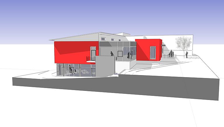 Viel Glas im Erdgeschoss und die rote Farbe der Grundschule. So soll der neue Schülerhort auf dem Schulberg aussehen.