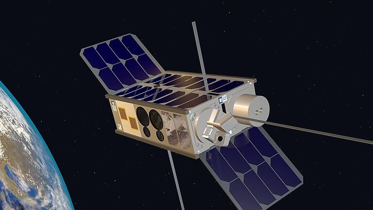 Ein Modell des Nano-Satelliten SONATE-2, hier künstlerisch im Orbit dargestellt.