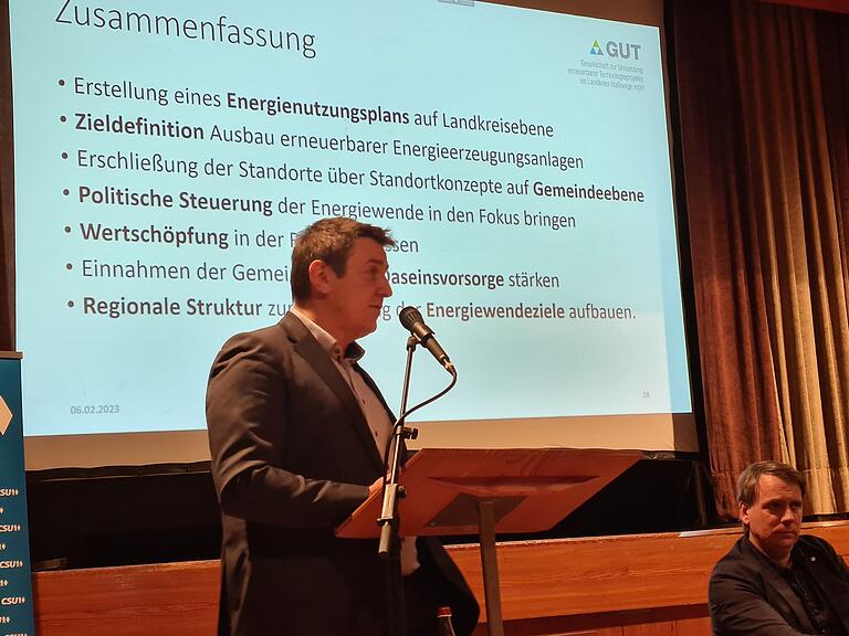 Marco Siller, der Geschäftsführer von GUT, bei seinem Vortrag in der Wollbacher Halle. Rechts CSU-Kreisvorsitzender Christof Herbert