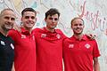 Das Team im Team: (von links) Torwarttrainer Marco Langer mit seinen Schützlingen Maximilian Perez Hintermeier, Marc Richter und Hendrik Bonmann vor dem Teamhotel in Ampflwang.