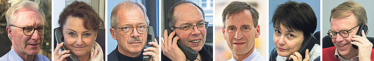 Beantworten Fragen am Telefon: Prof. Dr. Jean-Michel Friedrich, Dr. Sabine&nbsp; Leucht, Dr. Joachim Müller, Dr. Klaus Kosch, Prof. Dr. Stephan Kanzler, Dr. Steffi Appelt, Dr. Markus Ewald.&nbsp; Das Foto von Dr. Christoph Schmidt finden Sie weiter unten im Text.&nbsp;&nbsp;