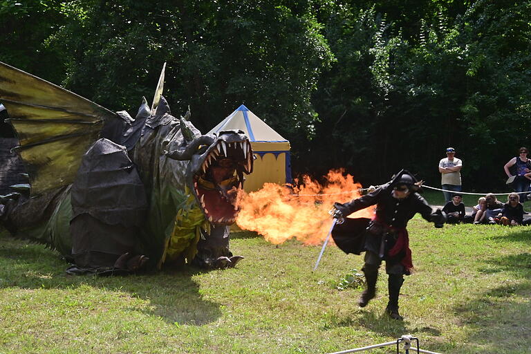 Der Drache Fangdorn begeisterte das Publikum mit seinem realistischen Feuerspeier, der selbst den Schauspielern Respekt einflößte. Der Drache Fangdorn begeisterte das Publikum mit seinem realistischen Feuerspeier, der selbst den Schauspielern Respekt einflößte.
