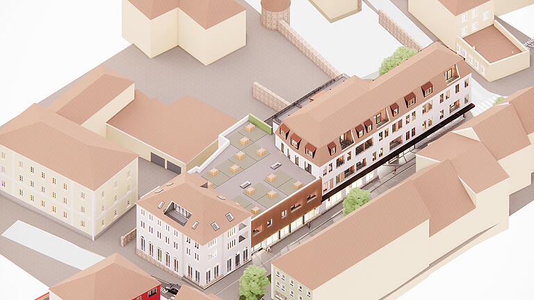 Das ehemalige Kaufhaus Storg in der Altstadt von Kitzingen nach dem Umbau aus der Vogelperspektive. Das ehemalige Kaufhaus Storg in der Altstadt von Kitzingen nach dem Umbau aus der Vogelperspektive.