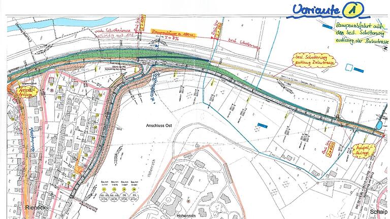 Entwurf des Rienecker Stadtrats Peter Elzenbeck für eine kleinräumige Umgehung der Umgehungsstraßen-Baustelle.