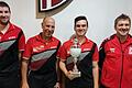 Pokalübergabe der Tischtennis-Vereinsmeisterschaft der ASV Hofstetten (von links): Alexander Schmitt (3. Platz), Christoph Rüb (Abteilungsleiter Tischtennis), Sancio Marras (Vereinsmeister) und Christian Keller (2. Platz).