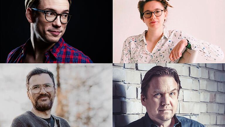 Der Moderator, Wortakrobat und Musiker Matthias Brodowy (oben links) präsentierte am Samstag im Würzburger Bockshorn in einem abendfüllenden Programm drei junge Liedermacherinnen und Liedermacher, die am Anfang ihrer Karriere stehen: Marie Diot (Hannover), Sven Garrecht (Seligenstadt) und der Südtiroler Singer-Songwriter Christian Moling haben sich beim 'Walther-von-der-Vogelweide-Preis' durchgesetzt