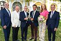 Im Gartenpavillon des Juliusspitals wurde das Jubiläum der wEinbruderschaft Franken mit zahlreichen Ehrengästen gefeiert. Von links: Weinbaupräsident Artur Steinmann, Ehrenbruderschaftsmeister Dieter Weber, Präsident der Gemeinschaft deutschsprachiger Weinbruderschaften Oliver Stiess, Bruderschaftsmeister Peter Schwappach, Weinkönigin Eva Brockmann und Bezirkstagspräsident Erwin Dotzel.&nbsp;