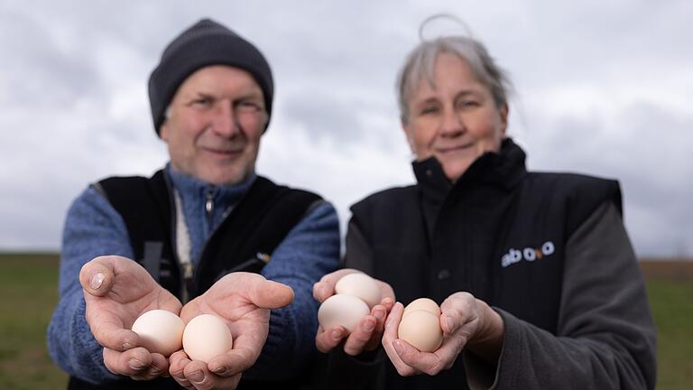 Herbert Krückel und Sabine Feddersen sind seit 15 Jahren im Eiergeschäft. Rund 3400 Hühner leben auf dem Biohof Krückel bei Schleerieth, die meisten in einem festen Legehennenstall, der Rest in drei mobilen Ställen.