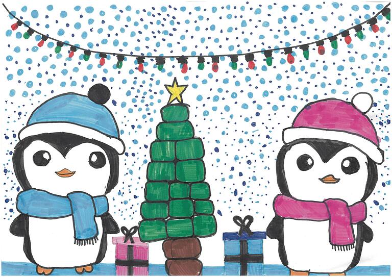 Pinguin und Pinguin feiern mit viel Schnee und Tanne: Leni Mine Jörg (9) aus Waldfenster hat beim Mal-Wettbewerb 'Weihnachten einmal anders' gewonnen.