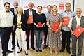 SPD-Ortsvorsitzender Marc Nötscher, Bundestagsabgeordneter Bernd Rützel und Landtagsabgeordnete Martina Fehlner ehrten Karl-Heinz Ebert, Jasmin Kohlhepp, Egid Baus, Ruth Steger, Richard Eyrich und Josef Blenk (von links).