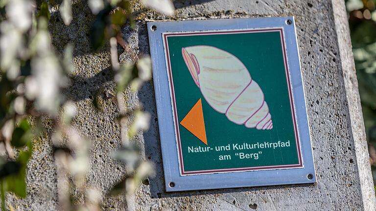 Unterwegs auf dem Natur- und Kulturlehrpfad am 'Berg' in Leinach (Lkr. Würzburg):&nbsp; Der gut ausgeschilderte Weg ist mit einem Schneckenhaus auf grünem Grund gekennzeichnet.