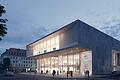 Die Außenansicht des Mainfranken Theaters nach der Sanierung in einer Visualisierung. Im neuen Kopfbau wird unter anderem eine zweite Spielstätte mit 330 Plätzen untergebracht.