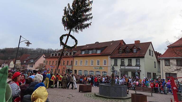 Nur noch ein kleines Stück, dann ist es geschafft und der prächtige Fosenochts-Baum der Bischofsheimer streckt sich zum blauen Himmel. Nur noch ein kleines Stück, dann ist es geschafft und der prächtige Fosenochts-Baum der Bischofsheimer streckt sich zum blauen Himmel.