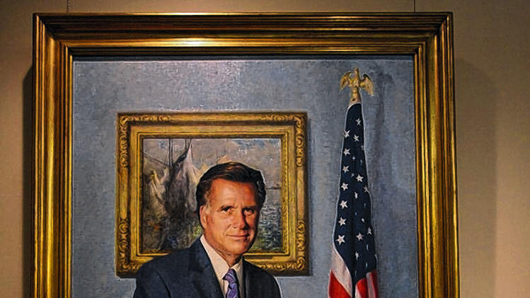 State House: Mitt Romney grüßt als Ölgemälde von der Wand (oben).