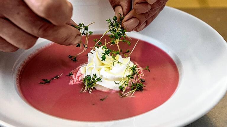 Vorspeise: Rote-Bete-Suppe mit Sahne und Kresse garniert.