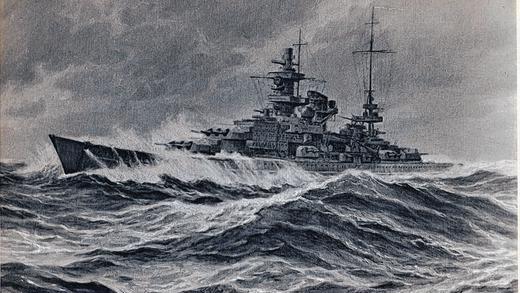 Trauung auf dem Kriegsschiff: Zur Erinnerung erhielten Wilhelm und Emmy Eberlein diese Zeichnung der &bdquo;Scharnhorst&ldquo; mit folgender handschriftlichen Widmung des Kapitäns: &bdquo;Dem matrosengefreiten Eberlein und Frau zur Erinnerung an ihre Kriegstrauung auf Schlachtschiff Scharnhorst in Brest am 18. Januar 1942. Kurt C. Hoffmann, Kapitän zur See und Kommandant.&ldquo;