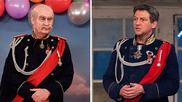 Der doppelte Söder: Der echte Ministerpräsident bei 'Fastnacht in Franken' (links) als Bismarck verkleidet und Thomas Unger als Ministerpräsident Söder im Bismarck-Kostüm beim Starkbieranstich auf dem Nockherberg