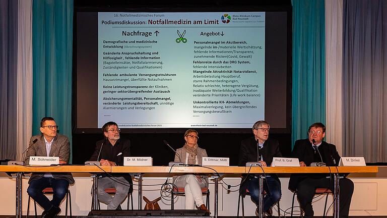 Am Rhön- Klinikum Campus Bad Neustadt fand das 16. Notfallmedizinische Forum statt. Bei der Podiumsdiskussion stellten sich Dr. Michael Schneider, Dr. Michael Mildner, Sabine Dittmar, Prof. Bernhard Graf und Dr. Michael Dinkel den Anmerkungen der Teilnehmer.