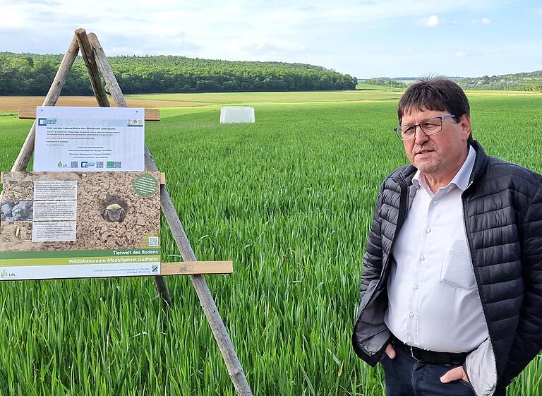 Bio Landwirt Johannes Römert baut auf den 90 Hektar von ihm bewirtschafteten Feldern Luzernengras, Weizen, Dinkel, Winter- und Sommerhafer, Sojabohnen, Linsen, Lupinen und Zuckerrüben an. Im Hintergrund ist im Feld eines von mehreren weißen Zelten zu sehen. Hier untersuchen Masterstudenten der Uni Würzburg die Lebensräume von Wildbienen. Bio Landwirt Johannes Römert baut auf den 90 Hektar von ihm bewirtschafteten Feldern Luzernengras, Weizen, Dinkel, Winter- und Sommerhafer, Sojabohnen, Linsen, Lupinen und Zuckerrüben an. Im Hintergrund ist im Feld eines von mehreren weißen Zelten zu sehen. Hier untersuchen Masterstudenten der Uni Würzburg die Lebensräume von Wildbienen.