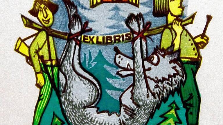 Exlibris-Motiv eines Jägers mit erlegtem Wolf aus &bdquo;Rotkäppchen&ldquo;.