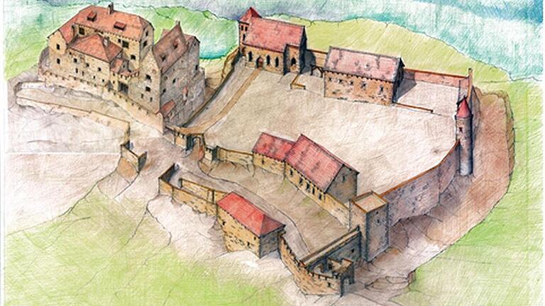 Eine Rekonstruktion der Homburg bei Gössenheim von John Zimmer. Eine Rekonstruktion der Homburg bei Gössenheim von John Zimmer.