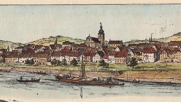 Schiffe auf dem Main vor Marktheidenfeld, hier auf einer historischen Ansicht vom Ende des 19. Jahrhunderts.
