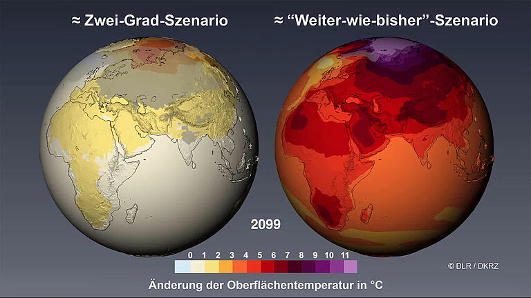 Hier sieht man die Änderungen der Oberflächentemperatur, wie sie als Mittelwert über verschiedene Klimamodelle für das Ende des 21. Jahrhunderts für zwei Szenarien simuliert werden. Dabei entspricht die linke Abbildung näherungsweise einem Szenario für Einhaltung des Zwei-Grad-Ziels, während die rechte Abbildung näherungsweise ein 'Weiter-wie-bisher-Szenario' darstellt. Die Werte beziehen sich auf den Vergleichszeitraum von 1986 bis 2005. Änderungen in den grau schattierten Regionen heben sich nicht klar von der natürlichen Variabilität ab.