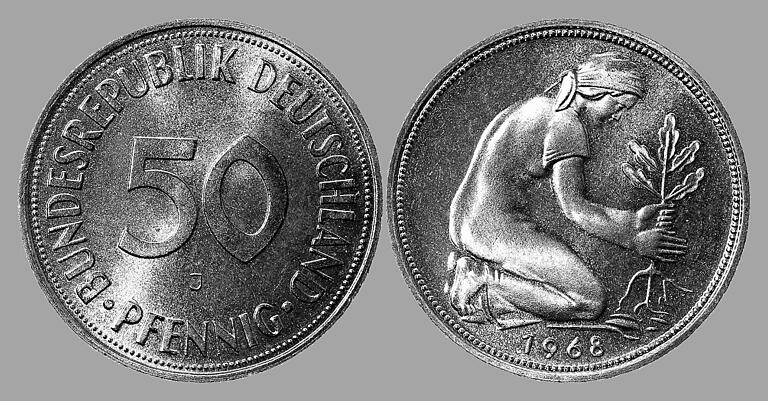 Lange Jahre zeigte die 50-Pfennig Münze in der Bundesrepublik die Arbeit von Kulturfrauen im Waldbau.&nbsp;