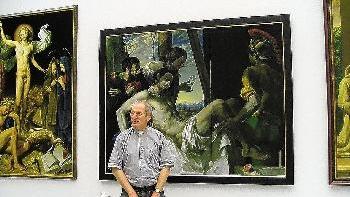 Da war das Triptychon von       -  Da war das Triptychon von Michael Triegel noch komplett. Später musste der Kunstreferent der Diözese, Dr. Jürgen Lenssen, den nackten
Auferstandenen (links) auf ausdrücklichen Wunsch von Bischof Friedhelm Hofmann von der Wand nehmen lassen.