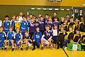 Das Bild zeigt die drei Mannschaften beim Kreisentscheid in der Tauberbischofsheimer Stadthalle. Das Team vom MGG (gelbe Trikots) hat die Chance, am Finale des Regierungspräsidiums teilzunehmen.