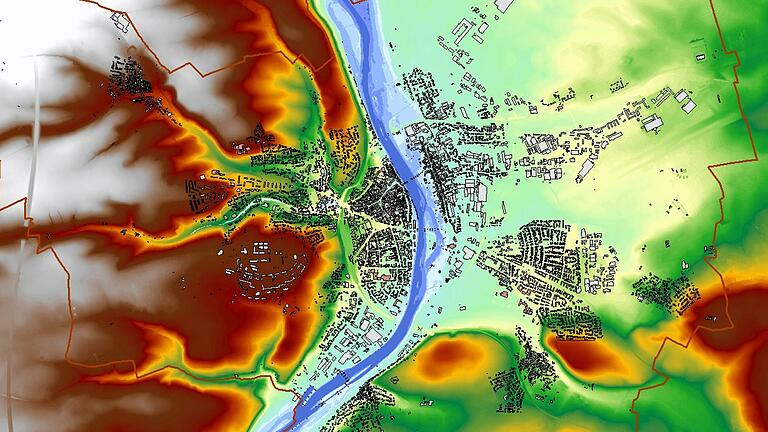 Dieser Vielfarben-Plan zeigt das Höhenprofil der Stadt Kitzingen auf Grundlage des Digitalen Geländemodells. Weiß dargestellt sind die höchsten Punkte im Modell, Türkis die tiefsten Punkte (Main). Die Farben dazwischen geben das reale Gelände sowie die Geländeneigung und das Gefälle wieder.