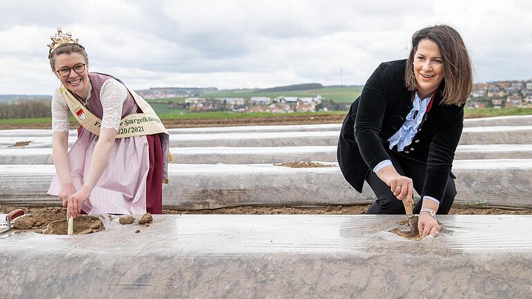 Spargel aus Franken ist noch teuer: Am Montag eröffneten Landwirtschaftsministerin Michaela Kaniber (rechts) und die Fränkische Spargelkönigin Christiane Reinhart in Grettstadt im Landkreis Schweinfort offiziell die Saison.&nbsp;