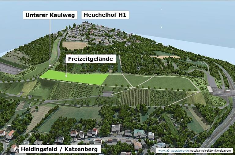 Der überdachte Trog der A3 zwischen den Würzburger Stadtteilen Heidingsfeld und dem Heuchelhof. Auf dem begrünten Deckel wird mit Bürgerbeteiligung ein Freizeitgelände geplant.