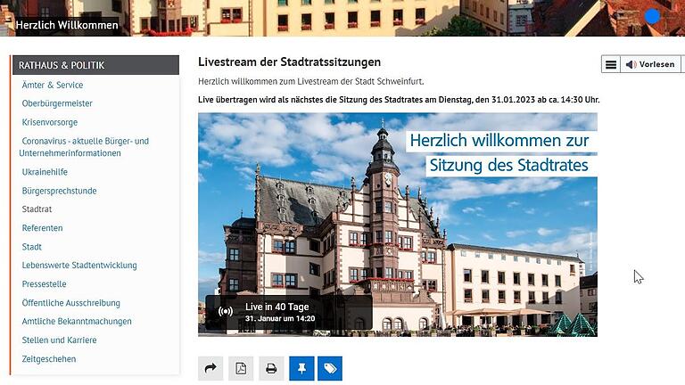 Screenshot eines Livestreams der Schweinfurter Stadtratssitzung auf der Internetseite der Stadt. Das Angebot ist vorläufig eingestellt. Screenshot eines Livestreams der Schweinfurter Stadtratssitzung auf der Internetseite der Stadt. Das Angebot ist vorläufig eingestellt.