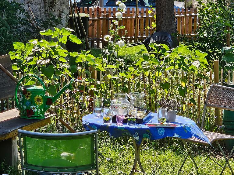 Die Gartenoase 'Sommerhäuser Gemeinschaftsgarten' und eine geschenkte Gießkanne, bemalt von Künstlerin Annadora Dillinger-Köninger.