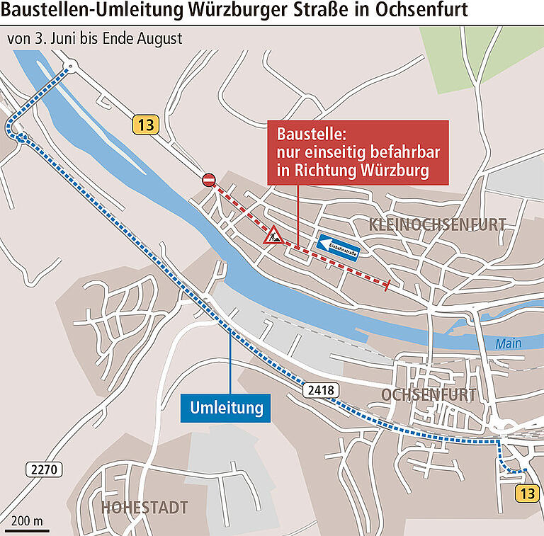 Bis Ende August ist die Würzburger Straße im Ortsbereich von Kleinochsenfurt nur Richtung Würzburg zu befahren.