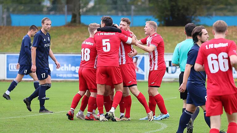 Der Dosenöffner: Der FC Haßfurt jubelt nach dem Führungstreffer von Lukas Schönbach (verdeckt).
